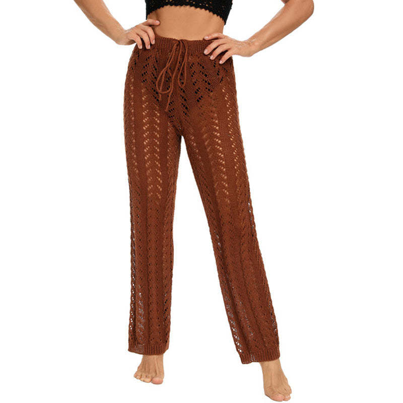 Sexy High Waist Tie Brazilian Crochet Knit Beach Cover Up Wide Leg Pants