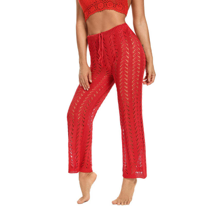 Sexy High Waist Tie Brazilian Crochet Knit Beach Cover Up Wide Leg Pants
