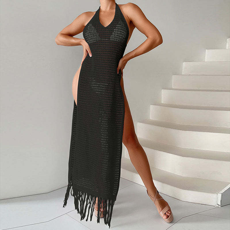 Sexy Low Back High Split Fringe Halter Brazilian Beach Crochet Knit Cover Up