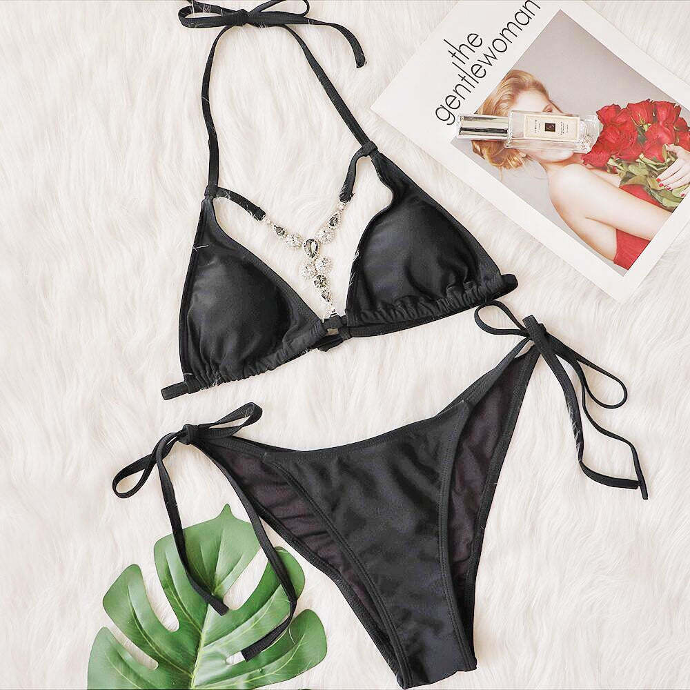 Sparkly Crystal Cutout String Slide Triangle Brazilian Two Piece Bikin ...