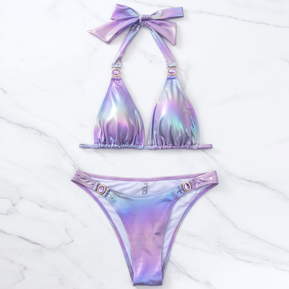 Sparkly Crystal High Cut Triangle Brazilian Two Piece Bikini Swimsuit-yoyobikini