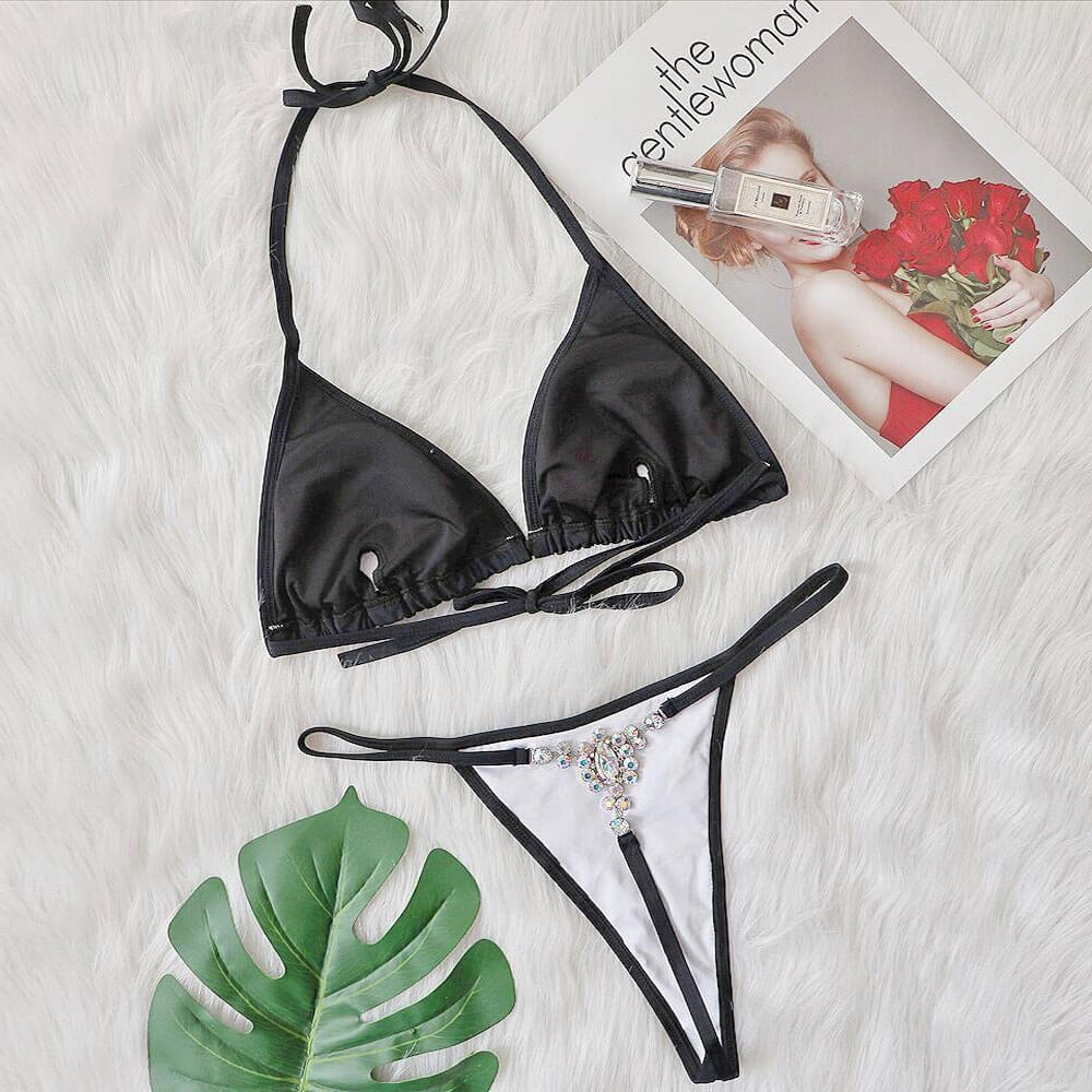 Sparkly Crystal String Thong Slide Triangle Brazilian Two Piece Bikini ...