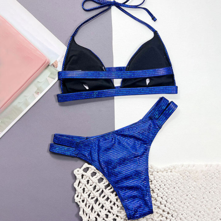 Sparkly Gingham Cheeky High Cut Triangle Brazilian Two Piece Bikini Sw ...