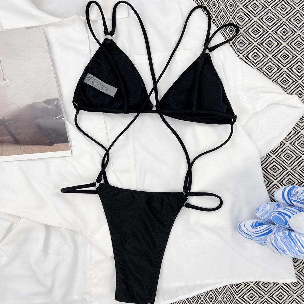 Strappy Solid Color O Ring Triangle Low Back Brazilian One Piece Swimsuit-yoyobikini