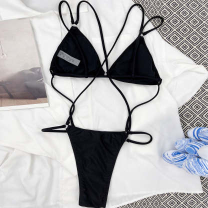 Strappy Solid Color O Ring Triangle Low Back Brazilian One Piece Swimsuit-yoyobikini