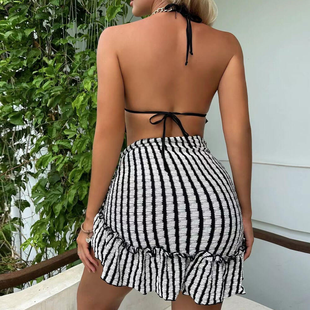 Striped Textured Tie String Ruffle Slide Triangle Halter Brazilian Three Piece Bikini Swimsuit-yoyobikini