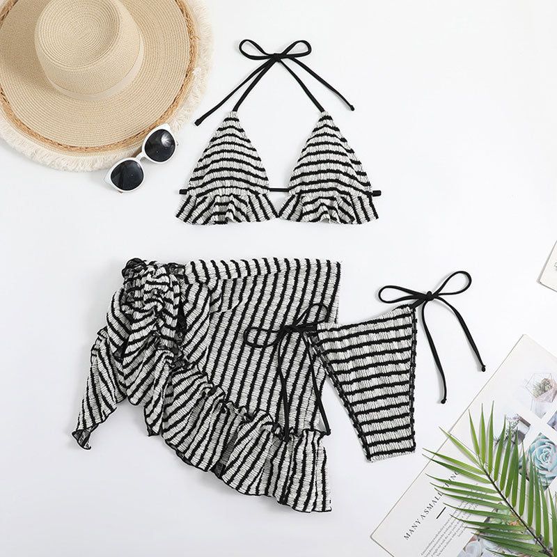 Striped Textured Tie String Ruffle Slide Triangle Halter Brazilian Three Piece Bikini Swimsuit-yoyobikini