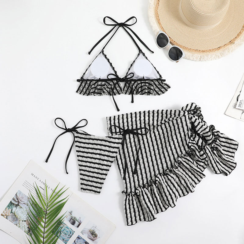 Striped Textured Tie String Ruffle Slide Triangle Halter Brazilian Three Piece Bikini Swimsuit-yoyobikini