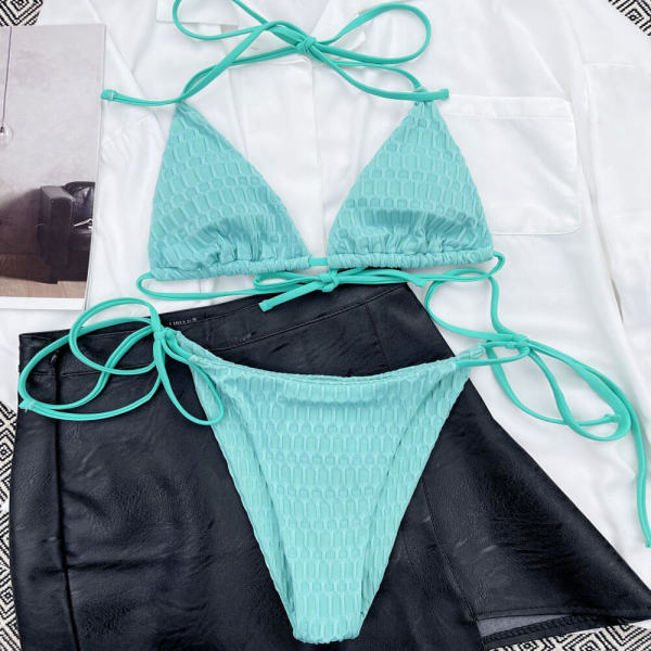Stylish Textured Tie String Slide Triangle Brazilian Two Piece Bikini ...