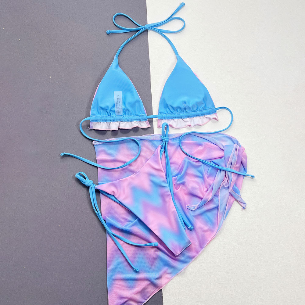 Sweet Wavy Tie Dye Tie String Ruffle Triangle Brazilian Three Piece Bikini Swimsuit-yoyobikini