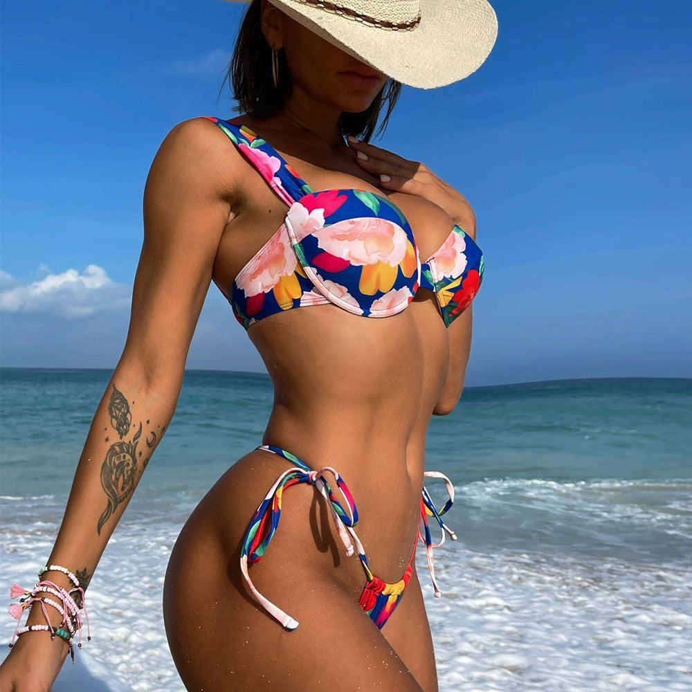 Tropical Flower Print Tie String Underwire Brazilian Two Piece Bikini Swimsuit-yoyobikini