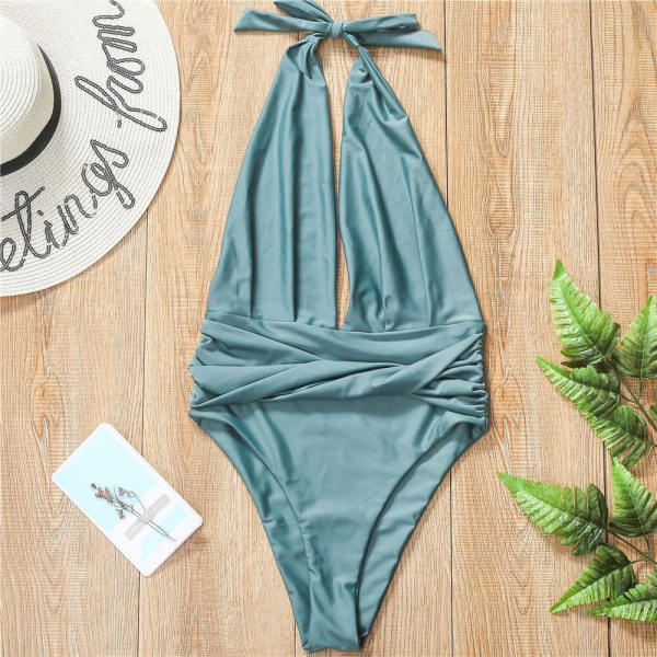 Twist Ruched High Cut Deep V Halter Low Back Brazilian One Piece Swims ...