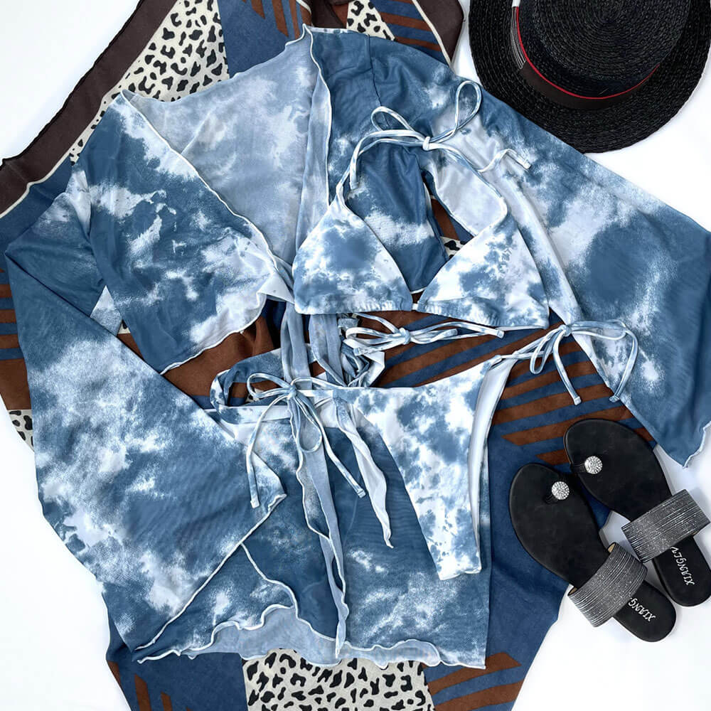 Unique Tie Dye Slide Triangle String Brazilian Four Piece Bikini Swimsuit-yoyobikini