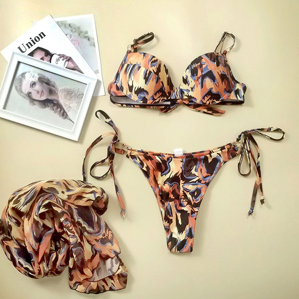 Wild Leopard O Ring Tie String Underwire Brazilian Three Piece Bikini Swimsuit-yoyobikini
