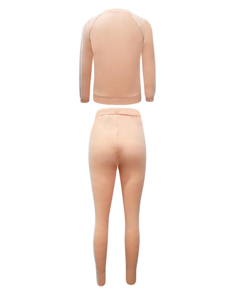 Striped Side Zip Up Pocket Detail Jacket & Pants Set-Pinkami
