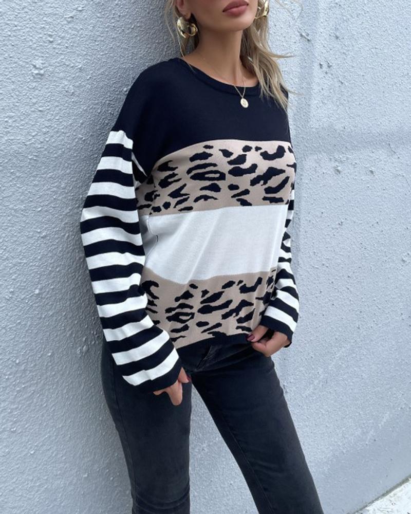 Striped & Leopard Print Round Neck Sweater-Pinkami