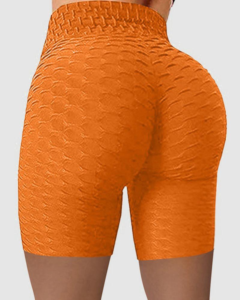 Solid Textured Wide Waistband Butt Lifting Sports Shorts-Pinkami
