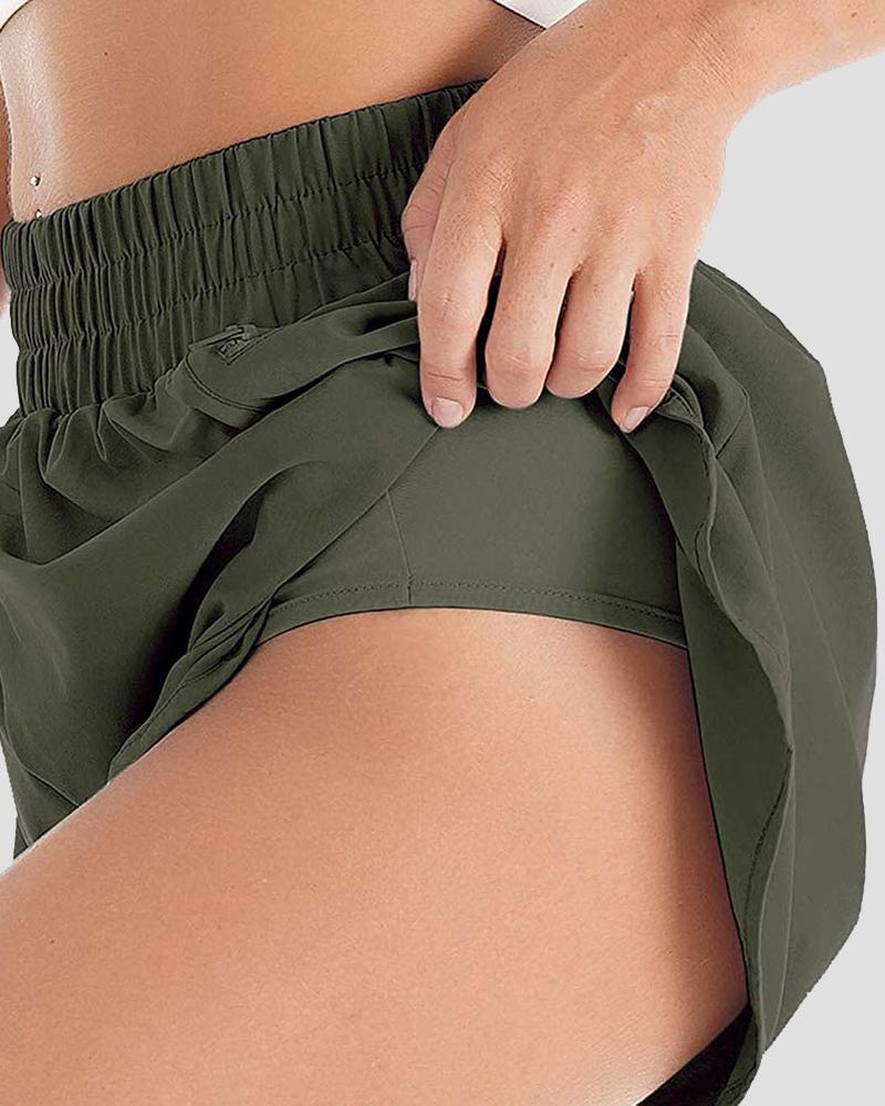 Pocket Decor Overlap Hem High Waist Sports Shorts-Pinkami