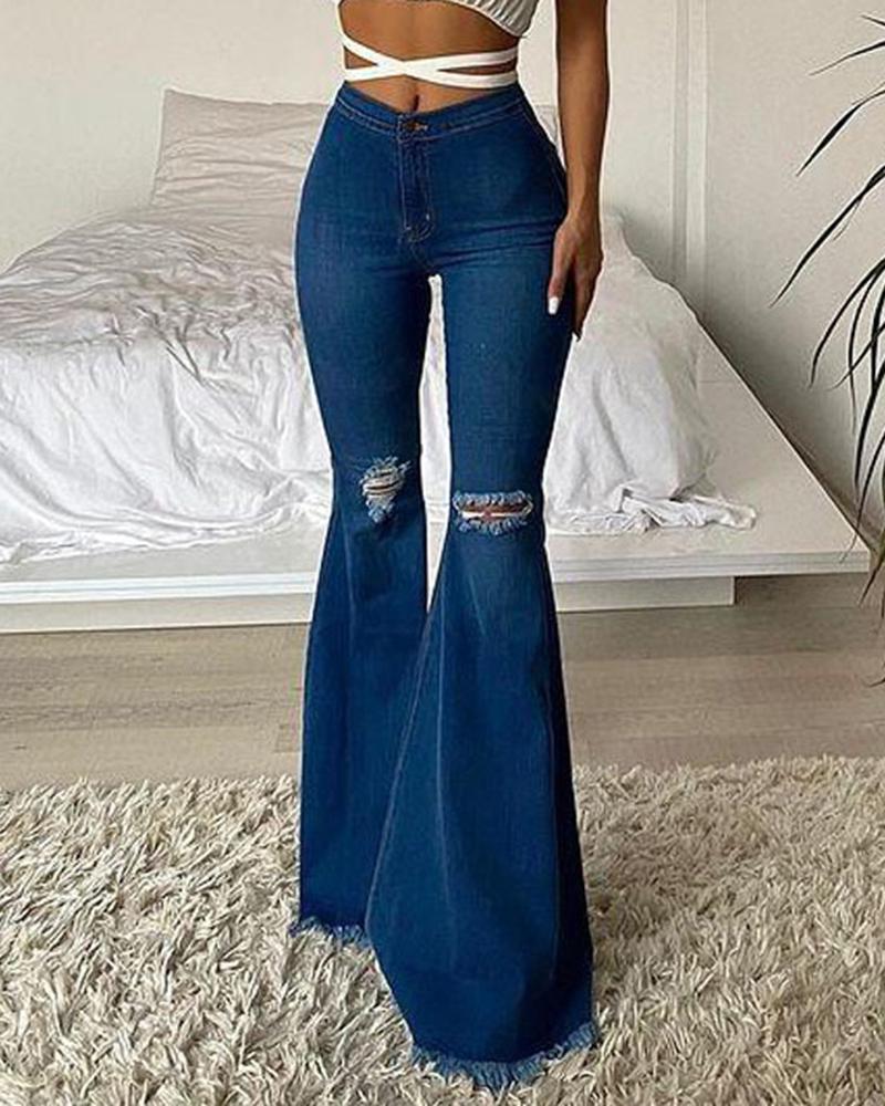 Women Solid Ripped Raw Hem Pocket Detail Flare Leg Jeans-Pinkami