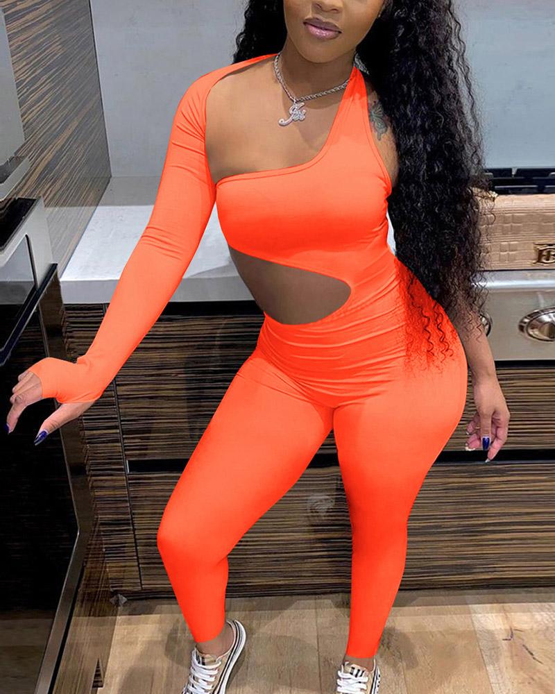 Solid Cut Out Asymmetrical Neck Form Fitting Casual Jumpsuit