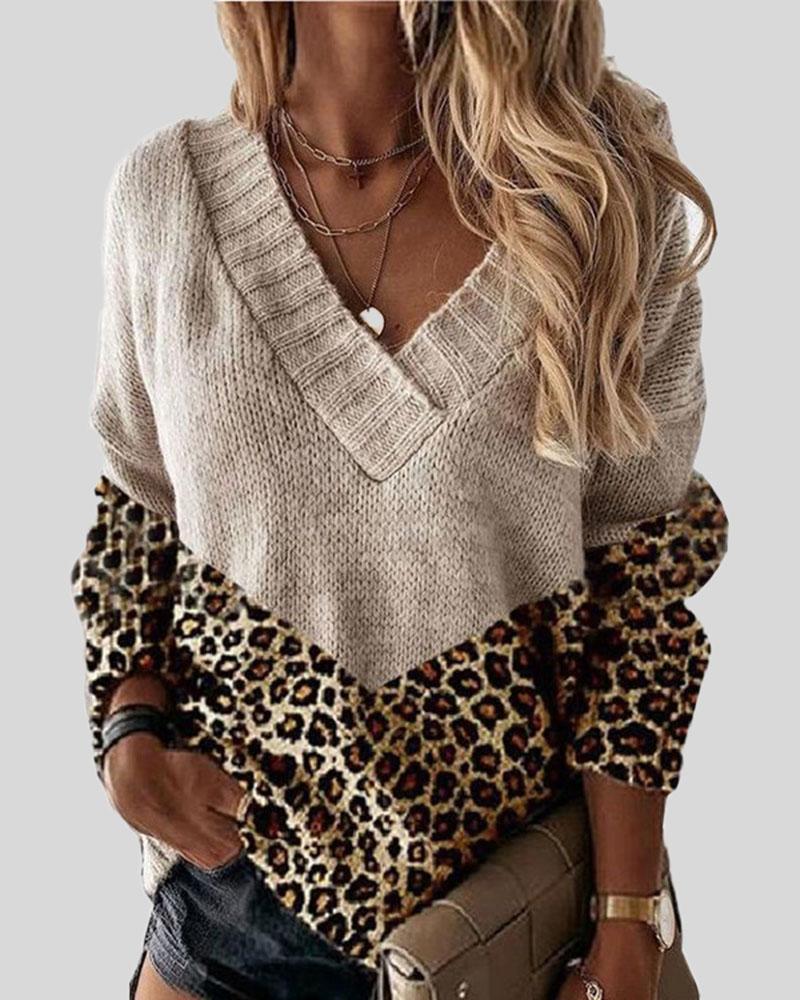 Colorblock Leopard Print Overlap Collar Sweater-Pinkami