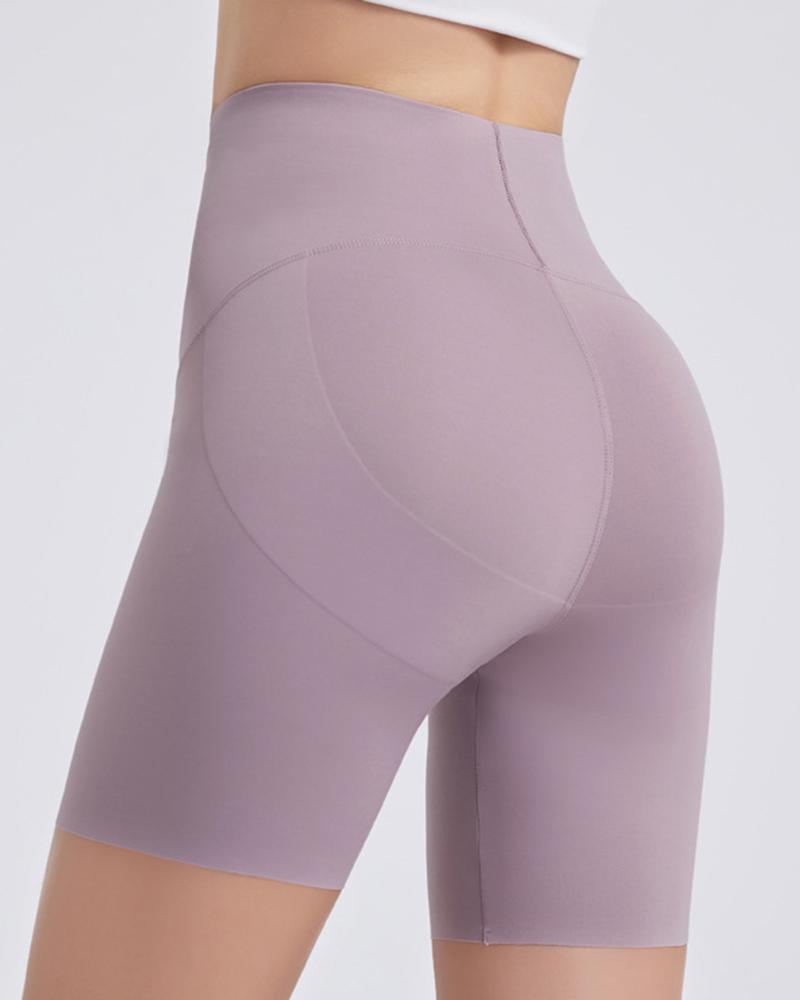 Wide Waistband Butt Lifting Contrast Stitch Sports Shorts-Pinkami