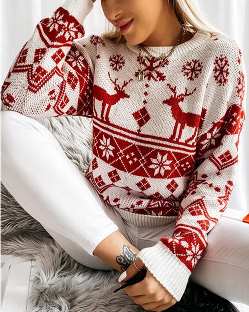 Christmas Print Contrast Binding Rib-Knit Round Neck Sweater-Pinkami
