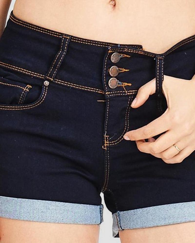 Women High Waist Button Front Roll Up Hem Denim Shorts-Pinkami