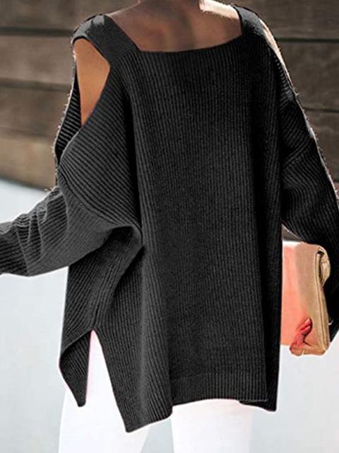 Solid Color Cold shoulder Knit Sweater-Pinkami