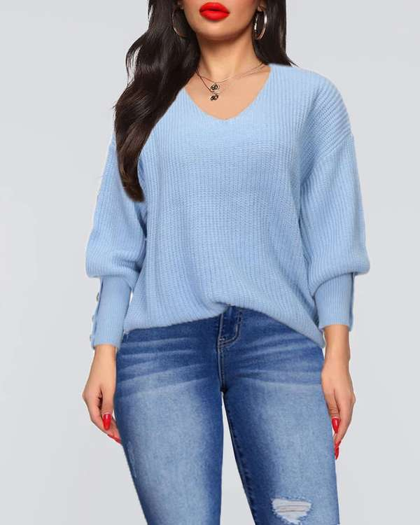 Solid Rib-Knit Button Detail V Neck Top-Pinkami