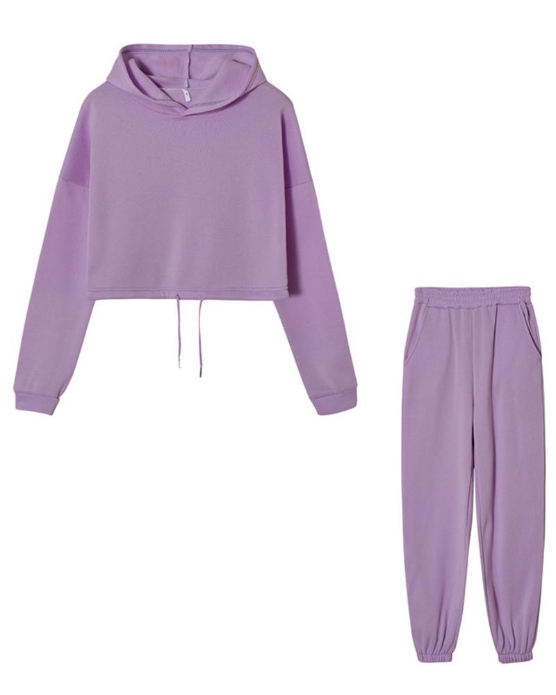 Solid Drawstring Elastic Hem Hooded Top & Pants Set-Pinkami