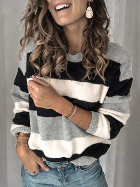 Striped Round Neck Long Sleeve Sweater Pullover-Pinkami