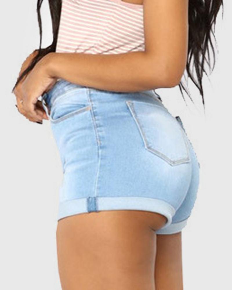Women Roll Up Hem High Waist Denim Shorts-Pinkami