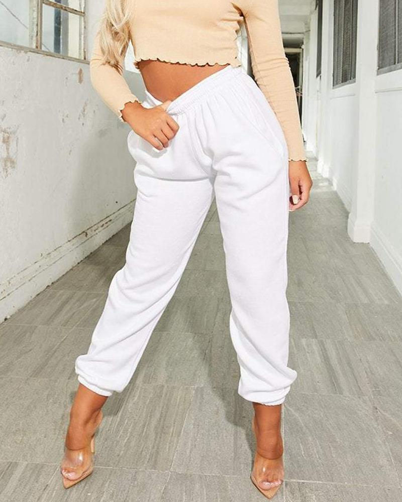 Slant Pokcet Elastic Waist Straight Leg Sports Pants For Women-Pinkami