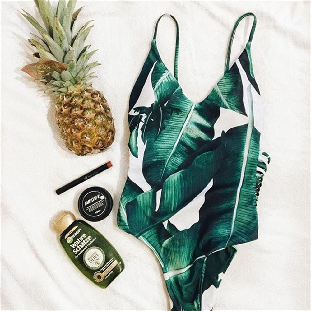 Sexy Leaf Print Hollow Out Bandage Bathing Suit-Pinkami