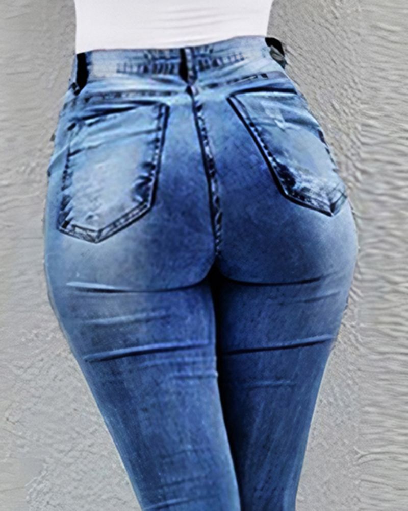 Split Hem Ripped Pocket Detail High Waist Flare Jeans-Pinkami