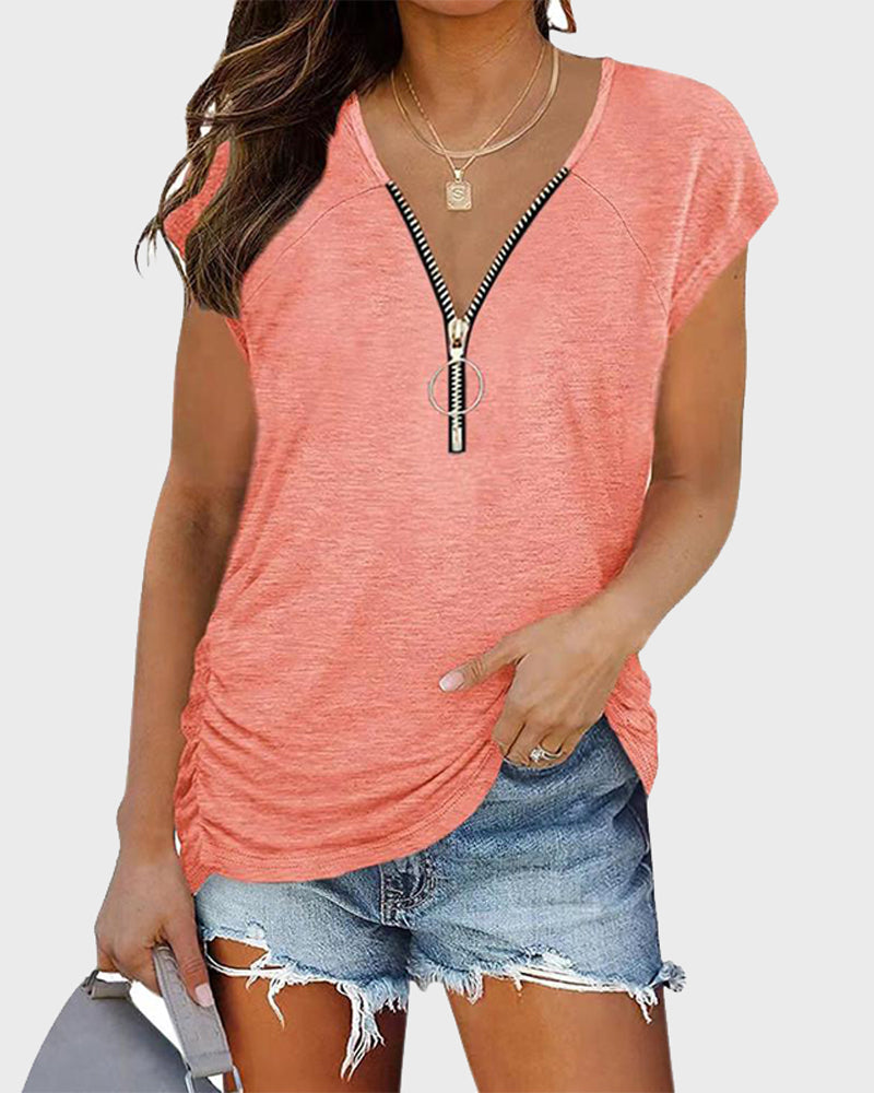 Half Zip Ruched Side T-Shirt-Pinkami