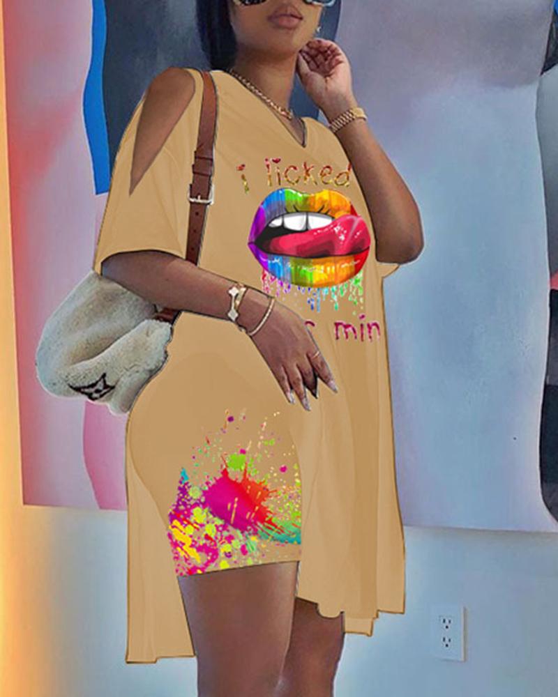 Letter & Graphic Print Split Hem Top & Pants Set