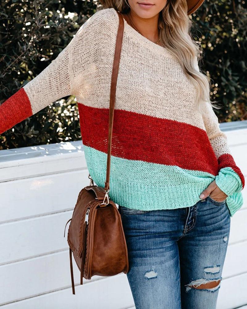 Colorblock Drop Shoulder Boat Neck Sweater-Pinkami