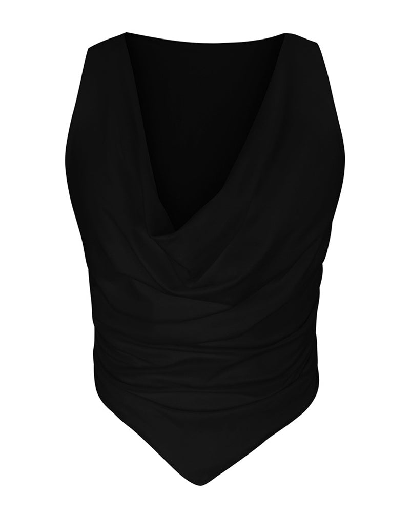 Hanky Hem Lettuce Trim Cowl Neck Crop Tank Top-Pinkami