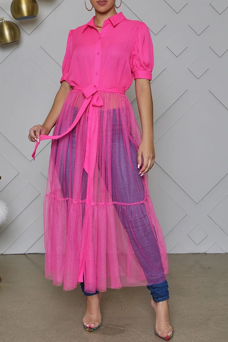 Pleated Contrast Mesh Maxi Shirt Dress