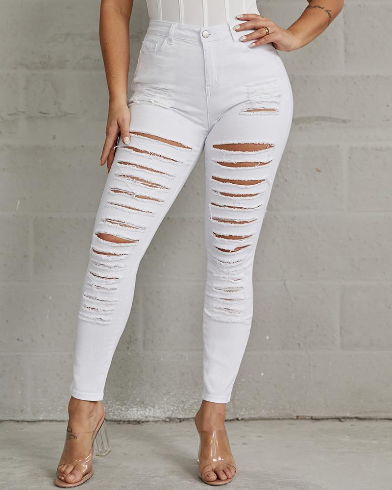 Women Plus High Waist Ladder Distressed Skinny Jeans-Pinkami