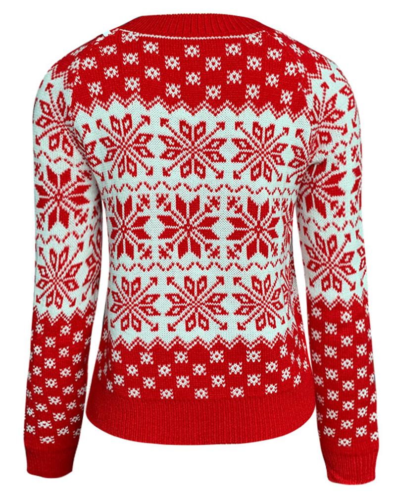 Snowflake Print Rib-Knit Round Neck Sweater-Pinkami