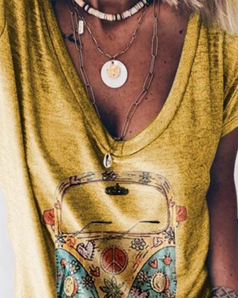 Car Print Marled Knit V Neck T-Shirt-Pinkami