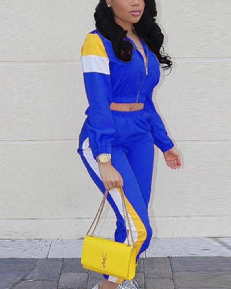 Colorblock Pocket Detail Zip Front Top & Pants Set-Pinkami