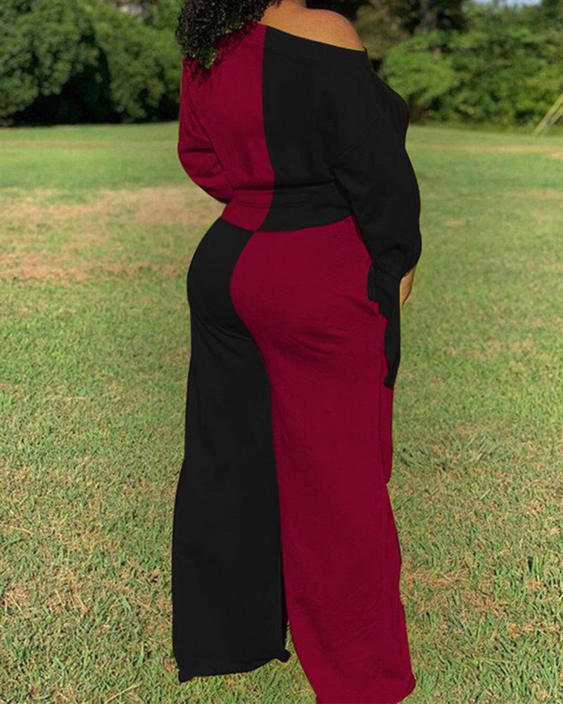 Two Tone Asymmetrical Boat Neck Top & Pants Set-Pinkami