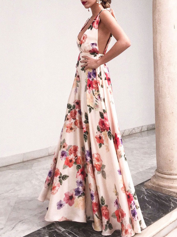 White V Neck Backless Floral Chiffon Boho Summer Maxi Dress