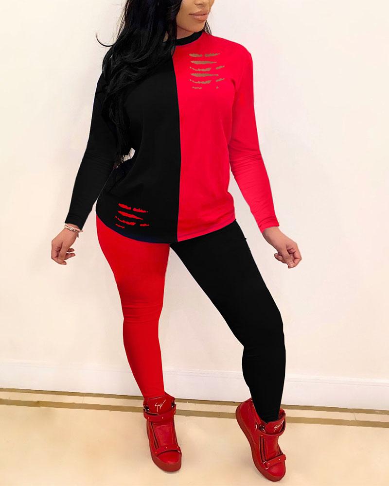 Two Tone Ripped Top & Pants Set-Pinkami