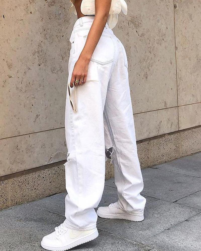 Women Ripped Destroyed Mid Waist Straight Leg Jeans-Pinkami