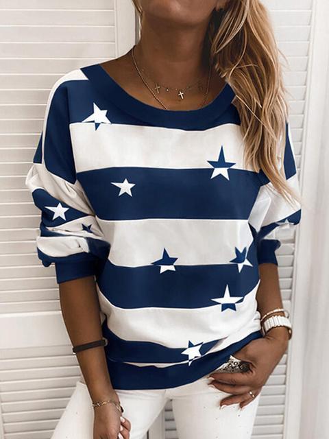 Stripe Star Print Round Neck Sweater-Pinkami